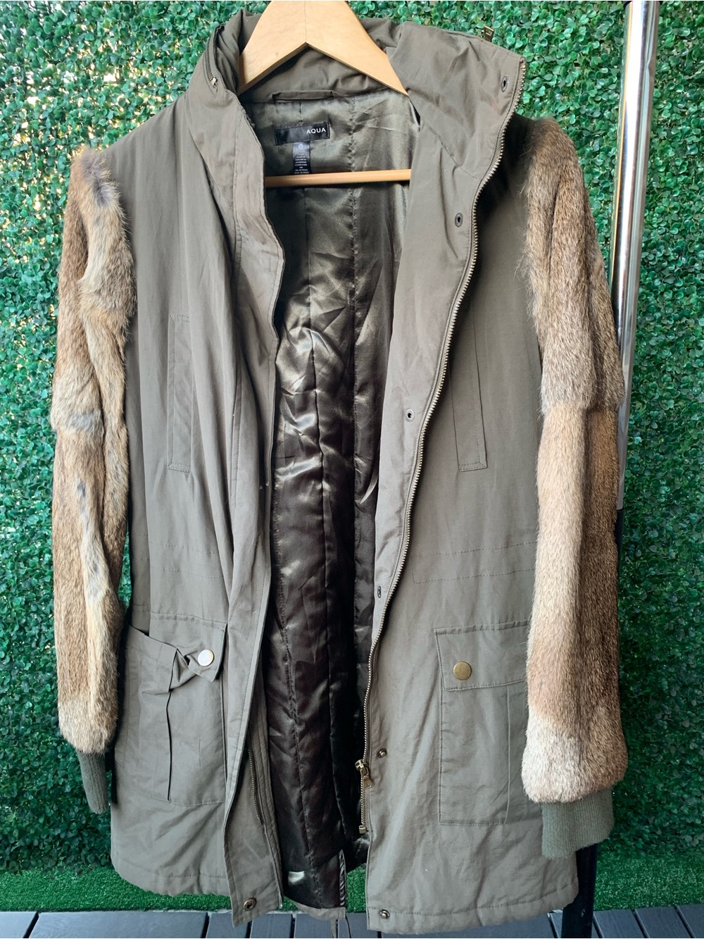 Aqua Olive Parka with Fur-Trim Sleeves